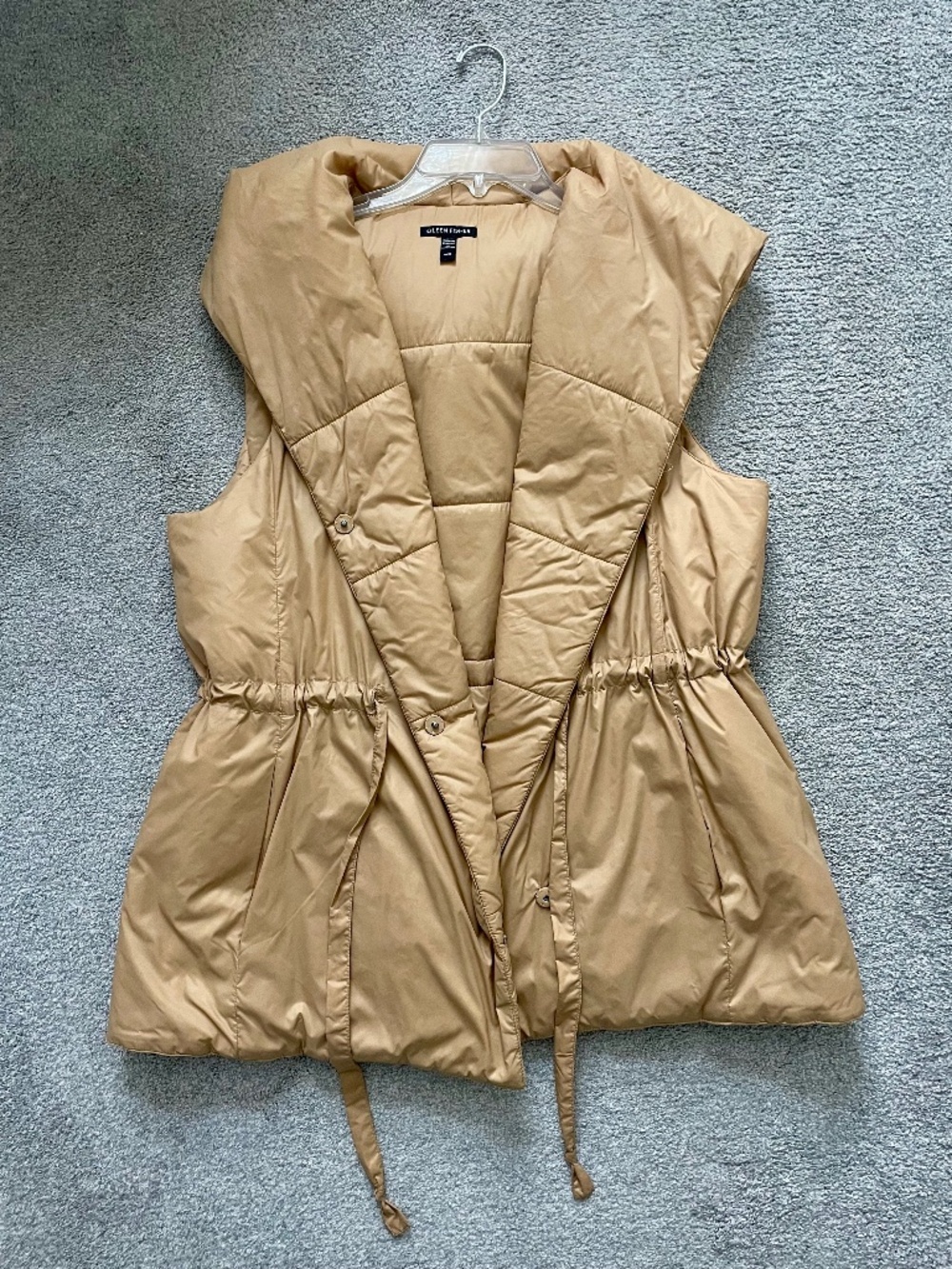 Eileen Fisher Tan Quilted Long Puffer Vest Sleeveless Belted